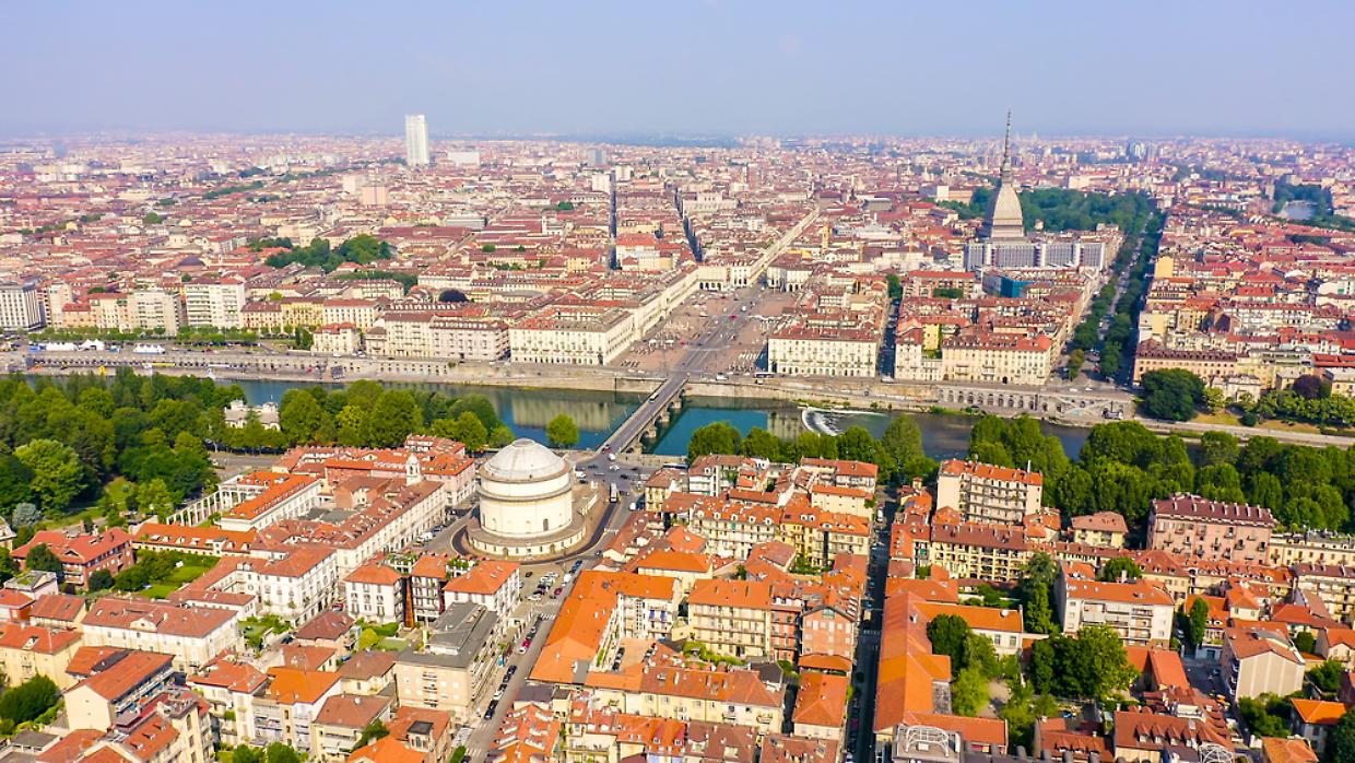 Turin, Italy. Flight over the city. Catholic Parish Church Gran Madre Di Dio, Aerial View