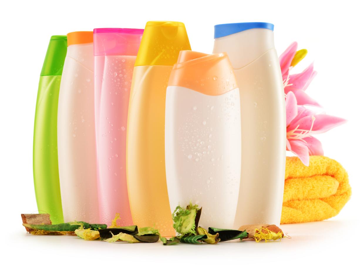 Plastic bottles of body care and beauty products