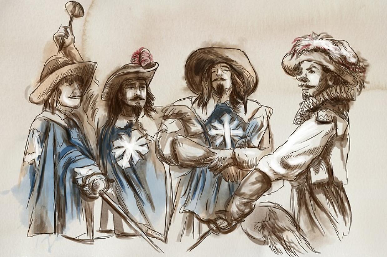 The Three Musketeers. An hand drawn illustration. Freehand drawi