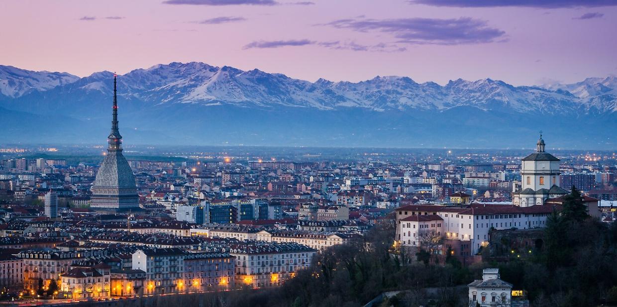 Turin (Torino), twilight panorama with Mole Antonelliana and Alps