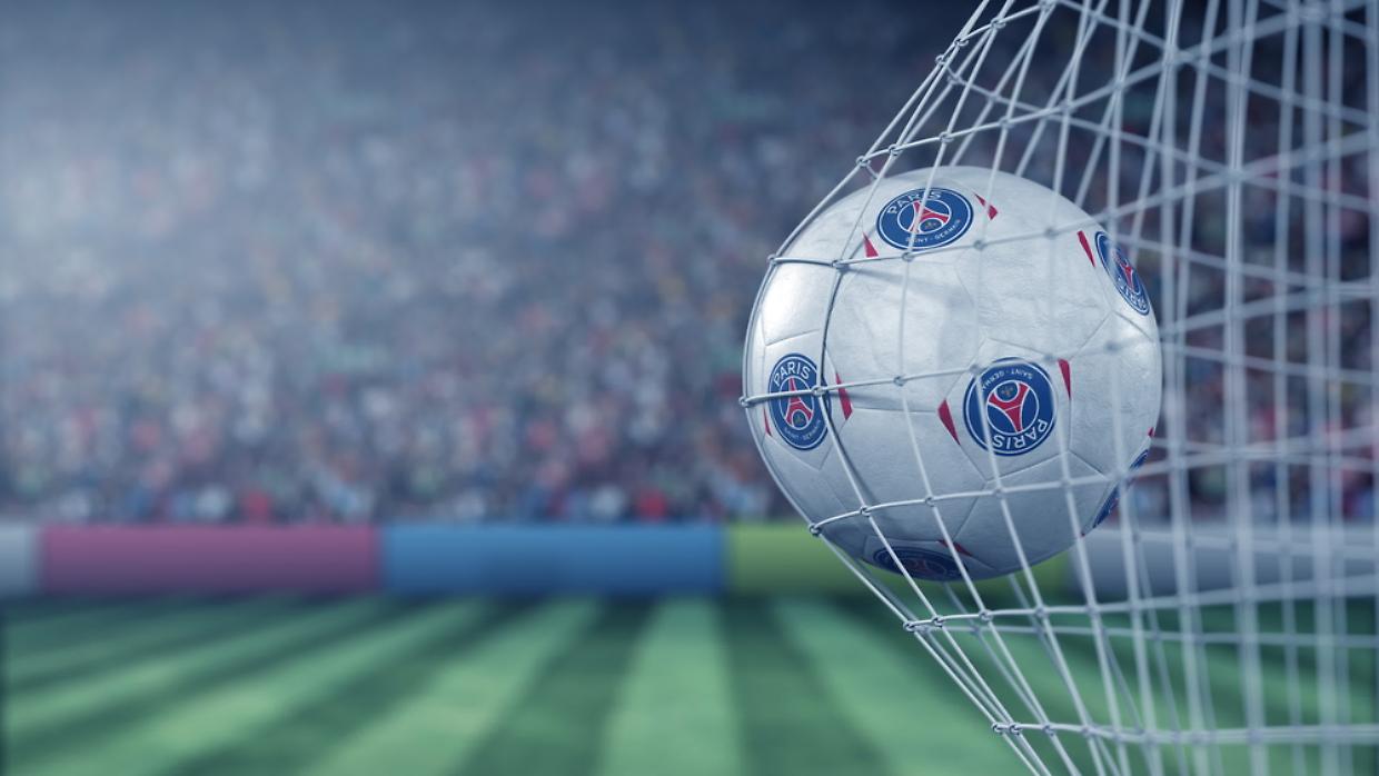 Paris Saint-Germain football club logo on the ball in football net. Editorial conceptual 3D rendering