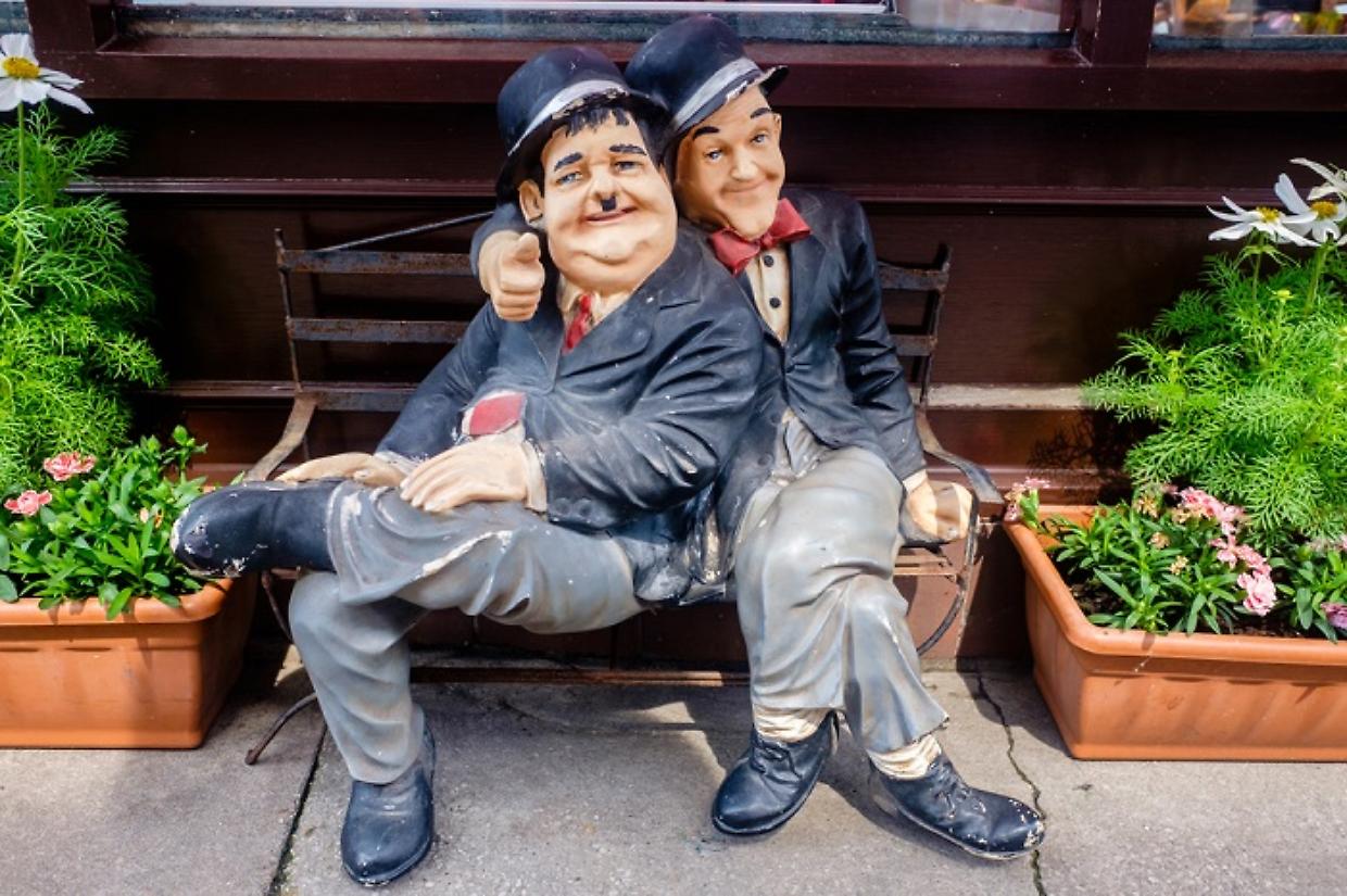 Statues of Stan Laurel and Oliver Hardy in Ulverston UK
