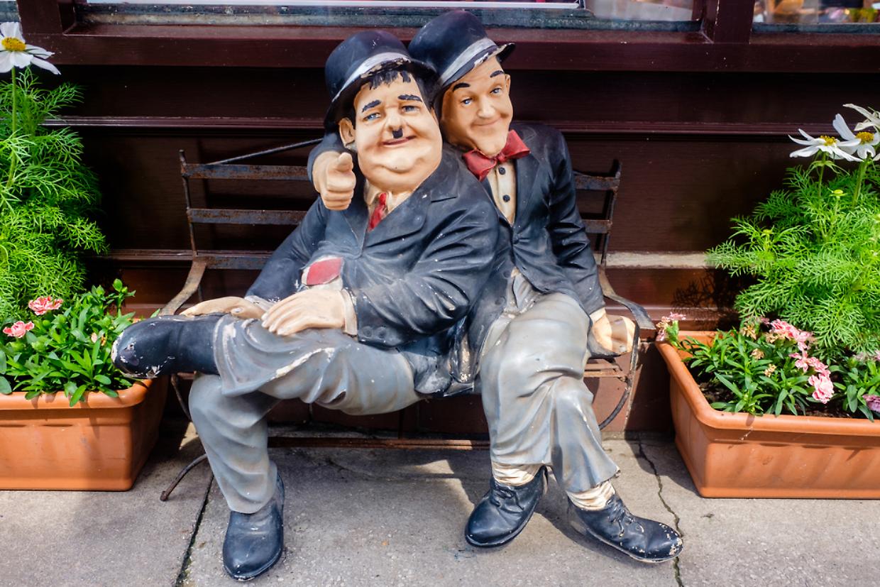 Statues of Stan Laurel and Oliver Hardy in Ulverston UK