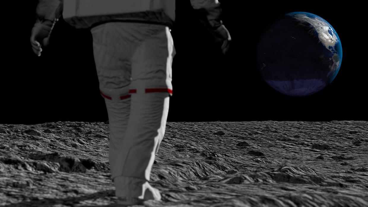 Astronaut walking on the moon and admiring the beautiful Earth. CG Animation. Elements of this image furnished by NASA. 3D rendering
