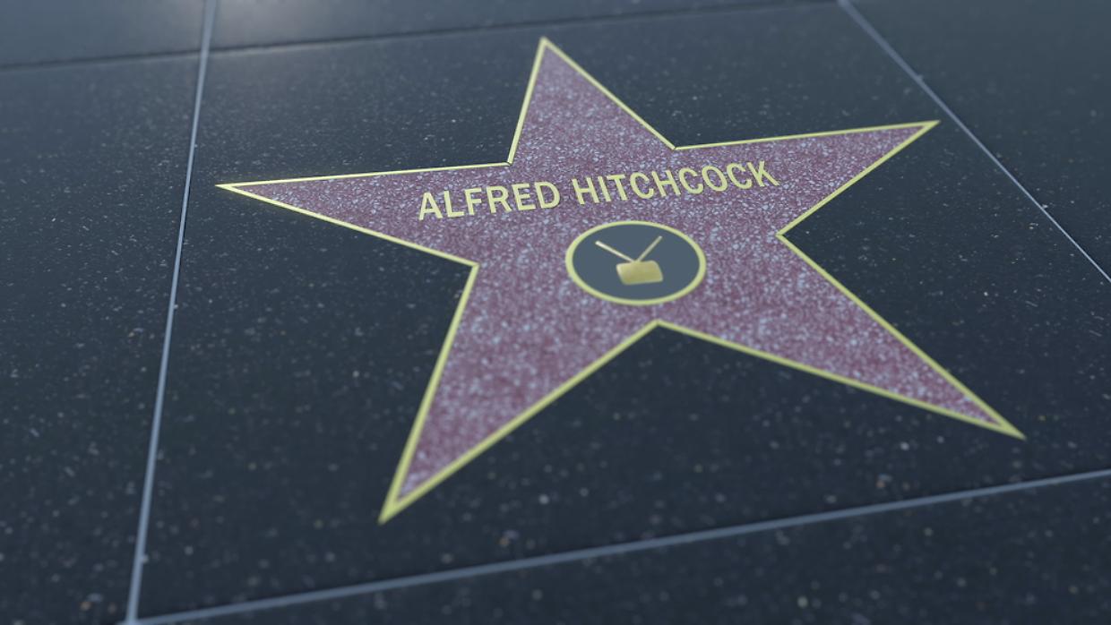 Hollywood Walk of Fame star with ALFRED HITCHCOCK inscription. Editorial 3D rendering