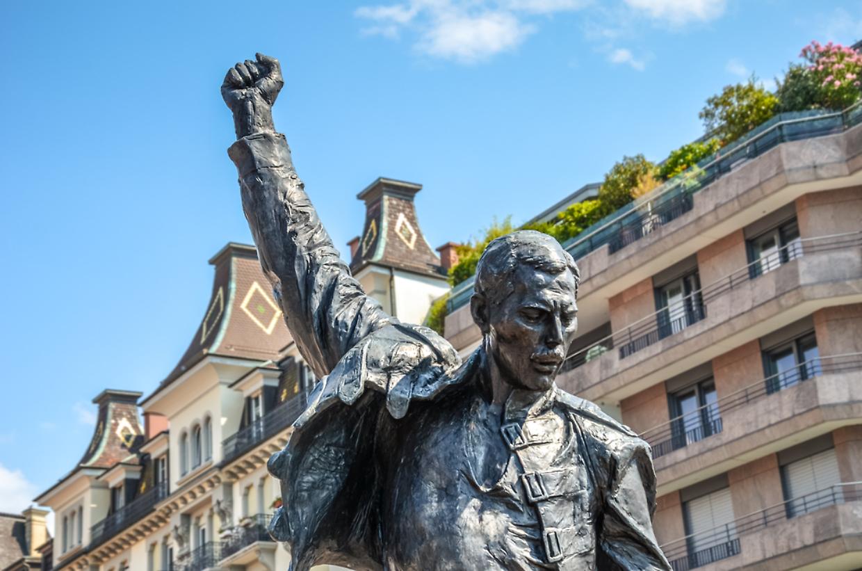 Montreux, Switzerland - July 26, 2019: Famous sculpture of Freddie Mercury, singer of the famous band Queen. Farrokh Bulsara, born in Zanzibar, Tanzania. The statue is a popular tourist landmark