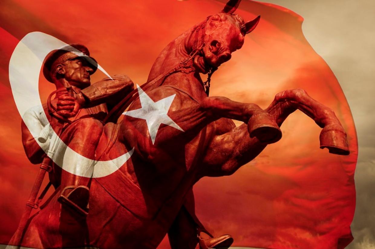 Heroic Ataturk Statue and Turkish Flag