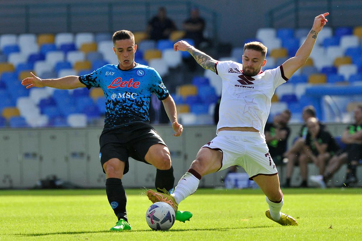Giacomo Raspadori player of Napoli and Karol Linetty player of Torino, during the match of the Italian Serie A league between Napoli vs Torino final result, Napoli 3, Torino 1, match played at the Diego Armando Maradona stadium.