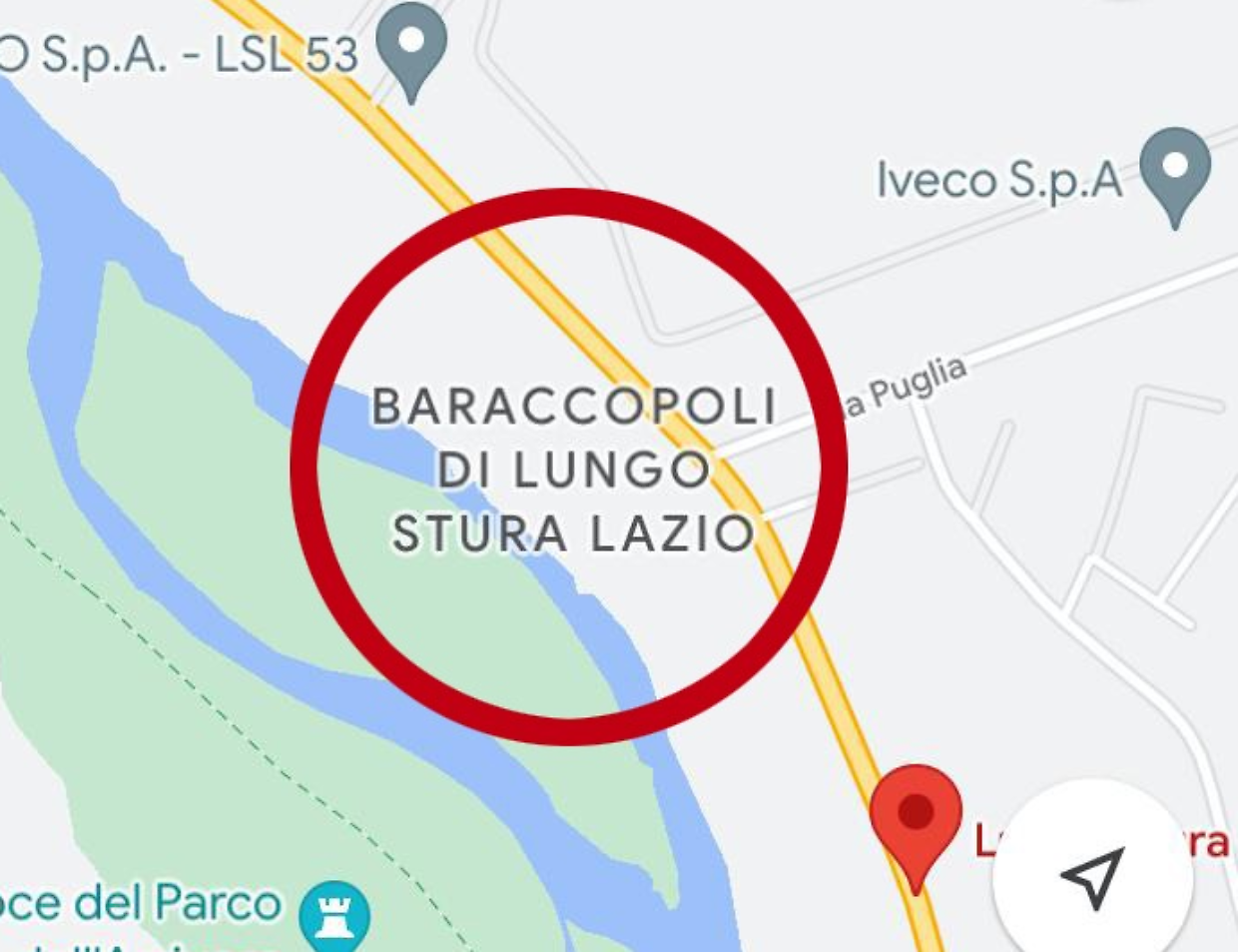 Il campo rom di Lungo Stura Lazio visto da Google Maps