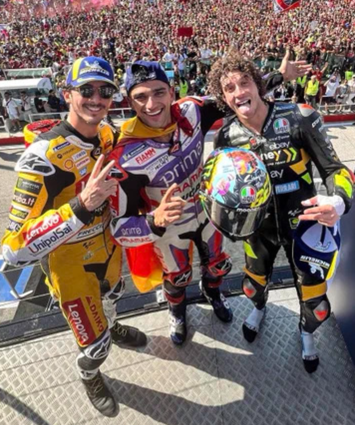 Il podio a Misano: Bagnaia, Martin e Bezzecchi