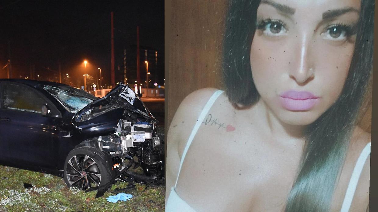 Alessandra Caboni aveva 29 anni ed è morta nell'incidente di piazza Derna (a sinistra l'auto distrutta)
