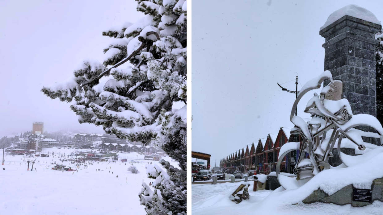 Due immagini della nevicata al Sestriere