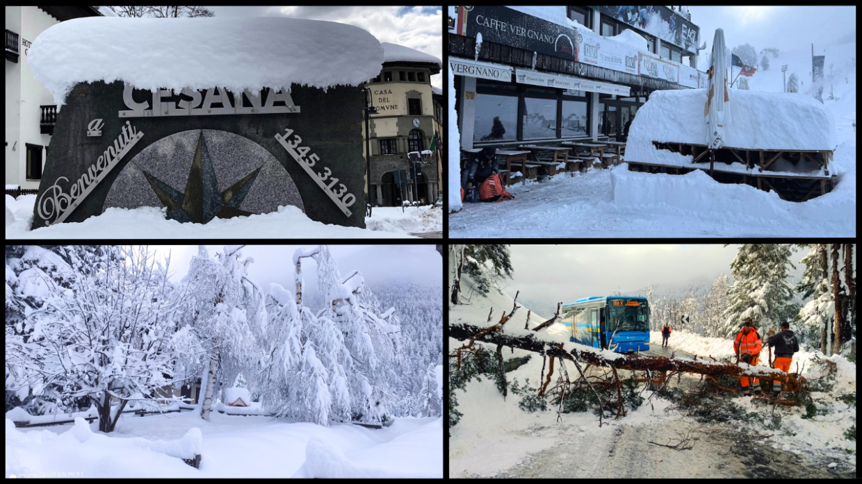Nelle foto, dall'alto a sinistra in senso orario, Cesana, Sestriere, Fenestrelle e Pragelato