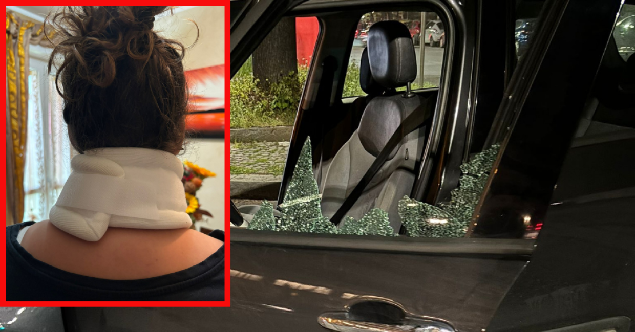 Nel riquadro, Desirée col collare dopo il lancio di sassi che hanno danneggiato l'auto (in foto)