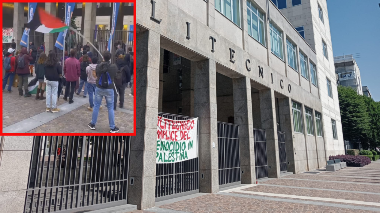 Il Politecnico con i cancelli chiusi (nel riquadro, i manifestanti)