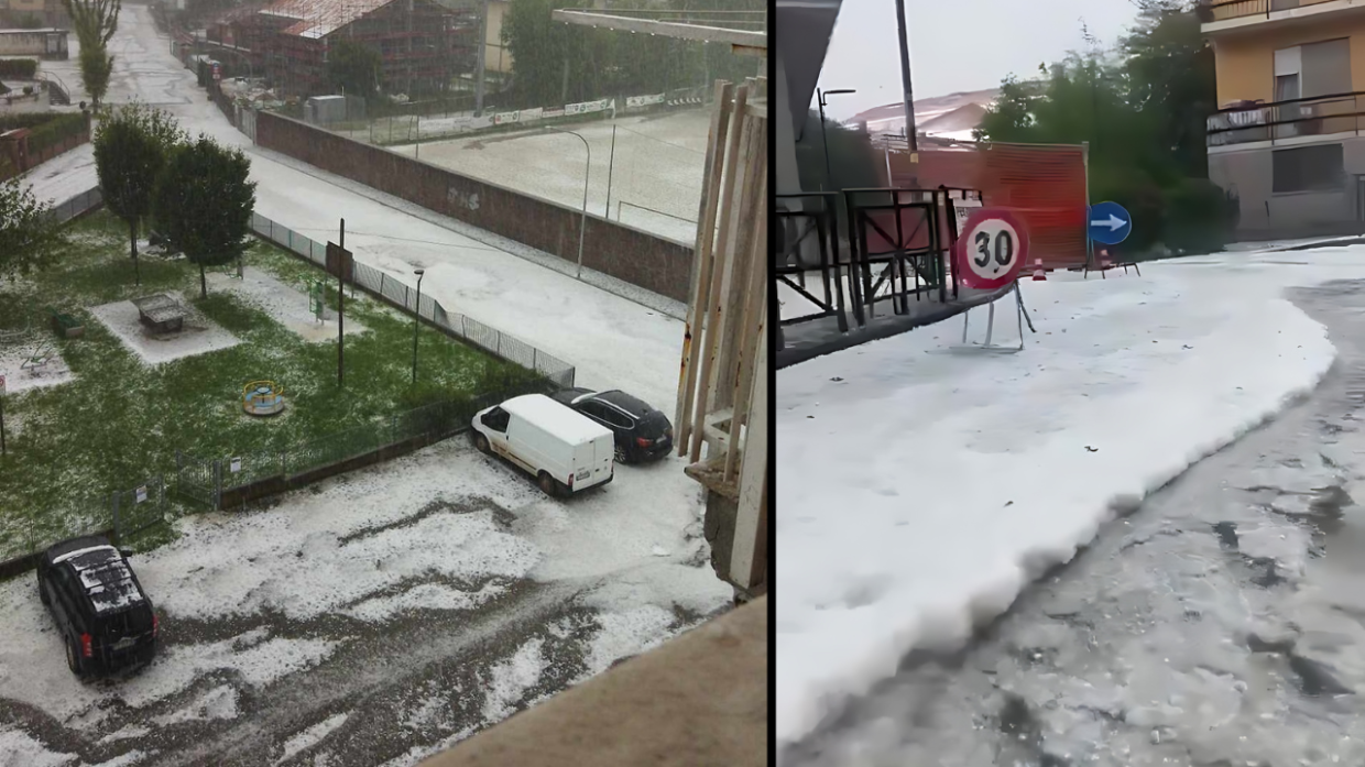 Strade trasformate in torrenti da acqua e grandine a Santena (foto Centro Meteo Piemonte)