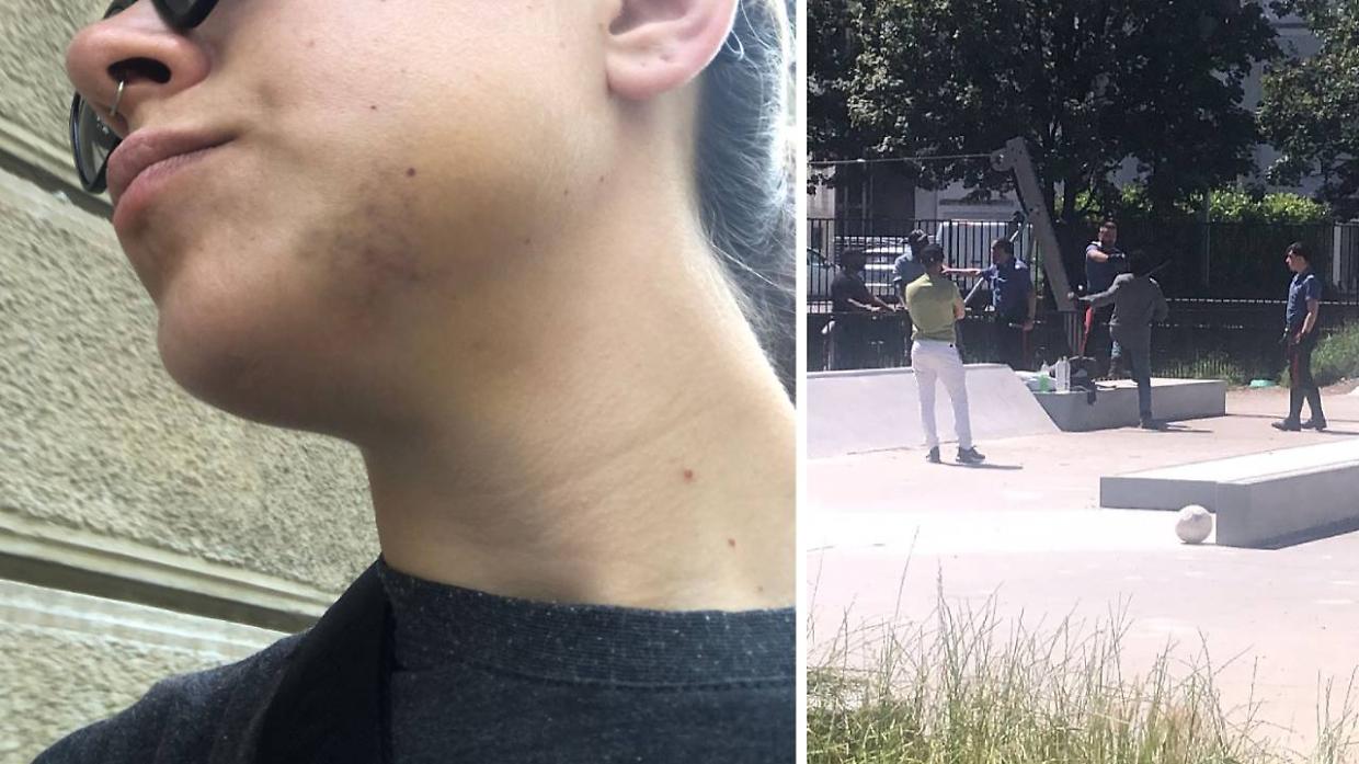 Cecilia (a sinistra) aggredita da un senzatetto (a destra, bloccato dai carabinieri)