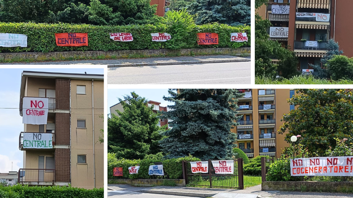 Decine di cartelli e striscioni dei residenti per urlare la propria opposizione al nuovo impianto a energia termica