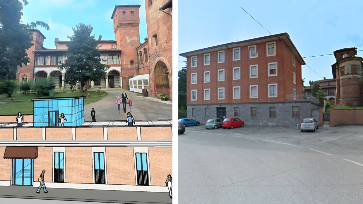 Nel rendering di sinistra, come sarà Montanaro dopo l'intervento. A destra, come è oggi, con il castello coperto da un edificio anni '60