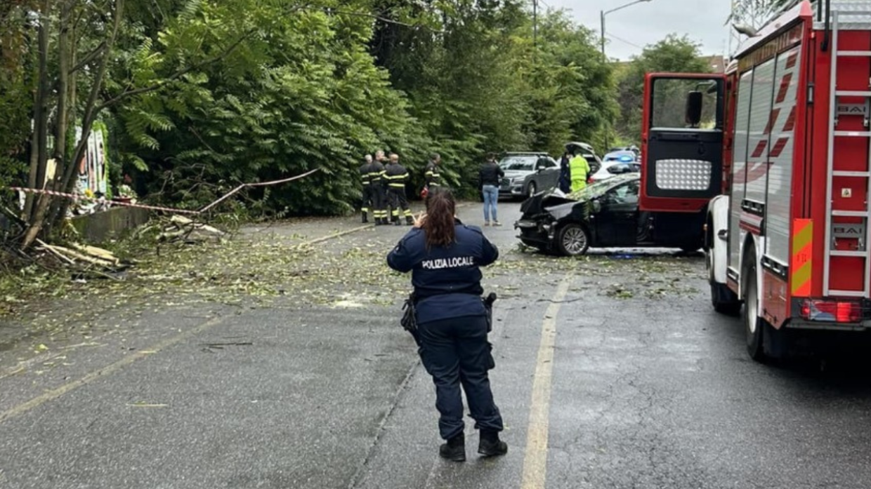 Si schianta contro un albero e lo abbatte: un ferito nell'incidente in corso Casale