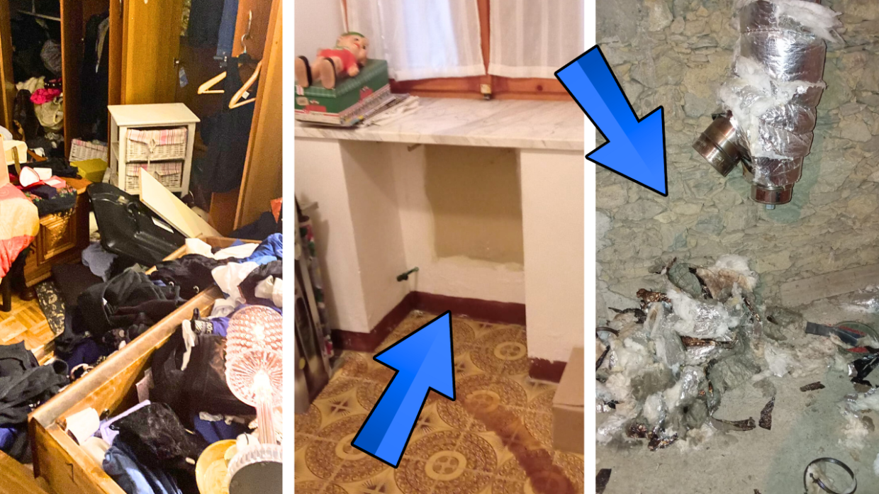 Nelle foto, da sinistra, un appartamento di Avigliana devastato dai ladri e quello che resta di termosifoni e canna fumaria in una casa di Rubiana