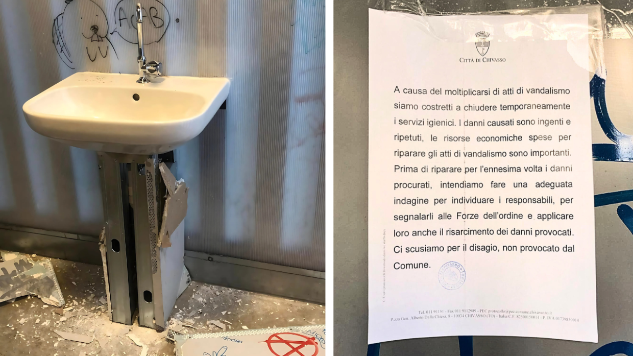 I vandali devastano i bagni pubblici di Chivasso e il Comune si arrende: «Li chiudiamo»