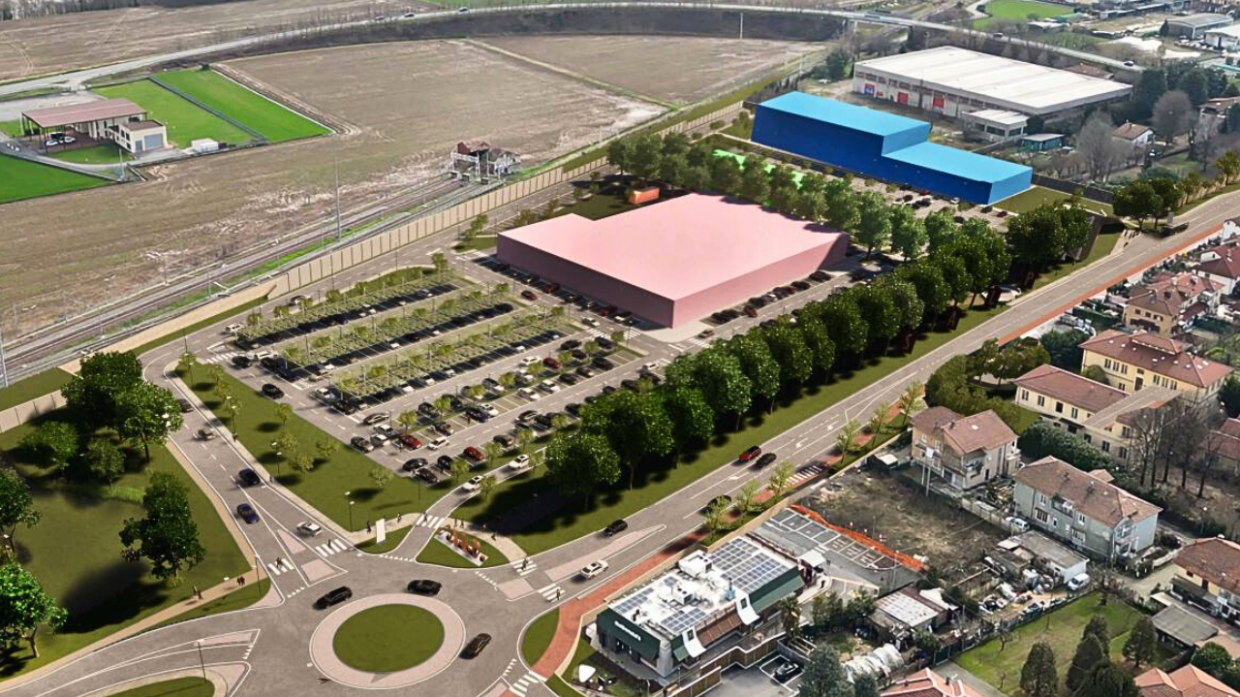 Nel rendering, in rosso e in blu, i due edifici da cui sarà composto il nuovo centro commerciale ex Salp. In basso a sinistra, la nuova rotonda