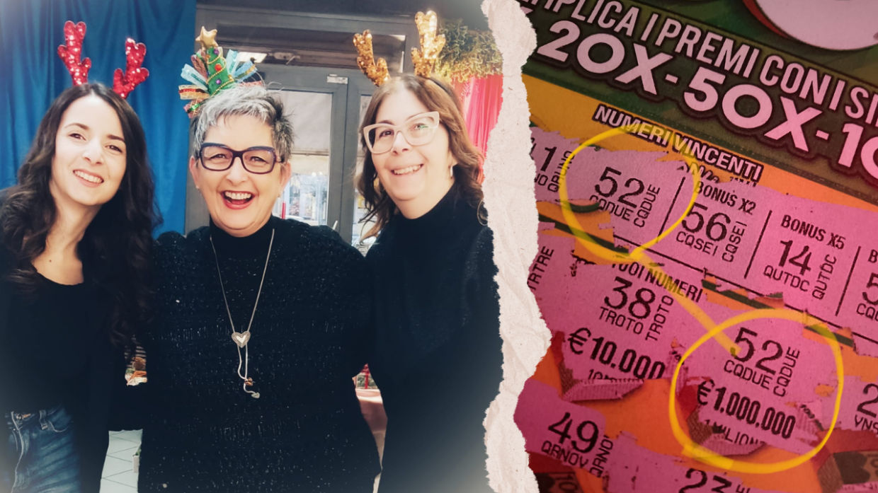 Nella foto, Cristina Cerato (al centro) con le sue due collaboratrici e, a lato, il biglietto che ha vinto un milione di euro