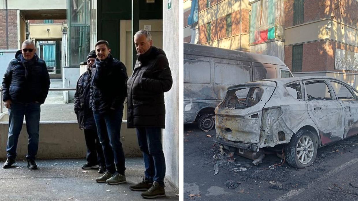 A sinistra, il presidente Atc, Emilio Bolla, in via Sospello. A destra le auto bruciate