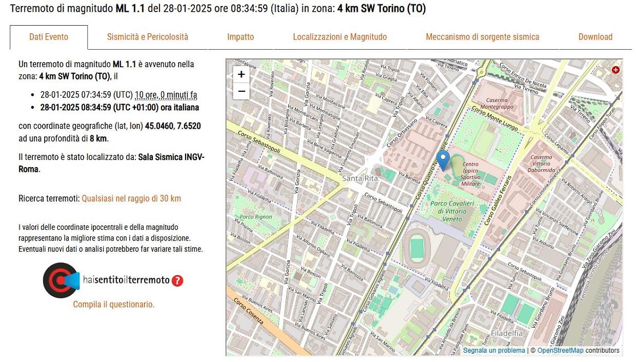 La scheda che mostra i dati rilevati dall'Ingv riguardo al terremoto di questa mattina a Torino