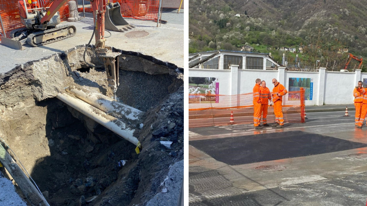 PRIMA E DOPO - La voragine sulla strada provinciale 23 la scorsa settimana e oggi, con il rattoppo terminato