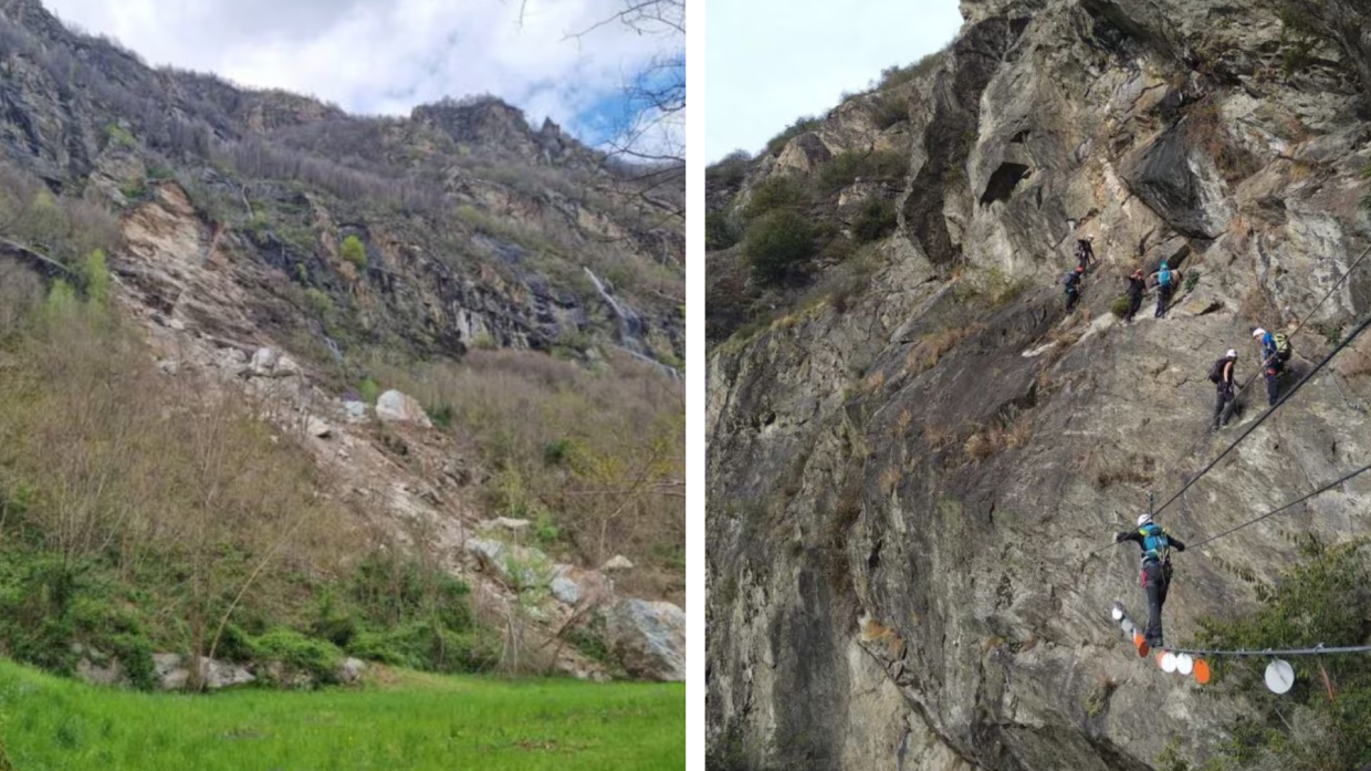 Frana distrugge l’inizio della ferrata di Pont Canavese: area interdetta