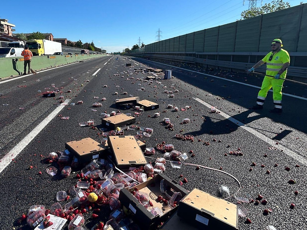 Le fragole sono finite in strada dopo che il camion ha perso il carico