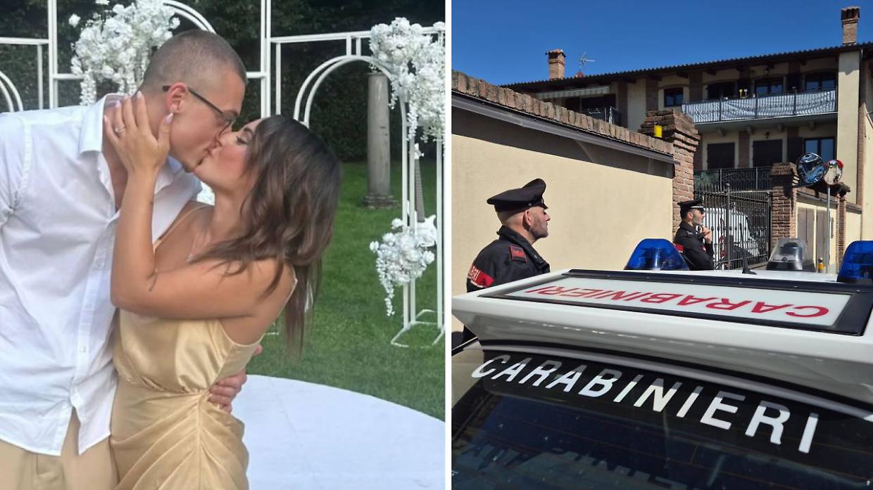 A sinistra, Simone Sorrentino e Chiara Spatola. A destra, i carabinieri a Volvera