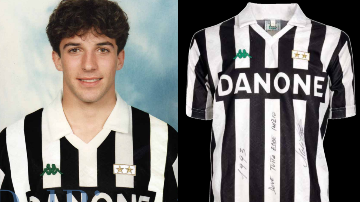 La maglia che andrà all'asta. A sinistra, indossata da Del Piero il giorno della presentazione. A destra, oggi con la dedica del campione
