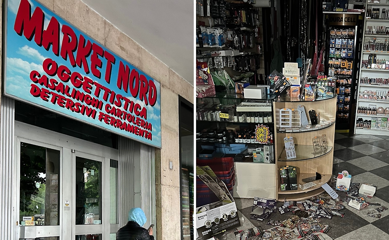 A sinistra, il negozio. A destra, l'interno del market dopo la rapina