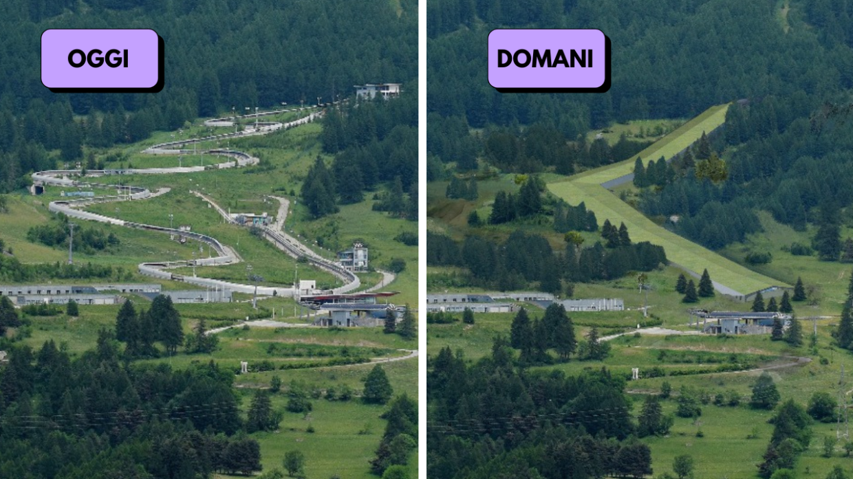 Ecco com'è oggi l'area del bob a Cesana e come sarà con lo skidome "mimetico"