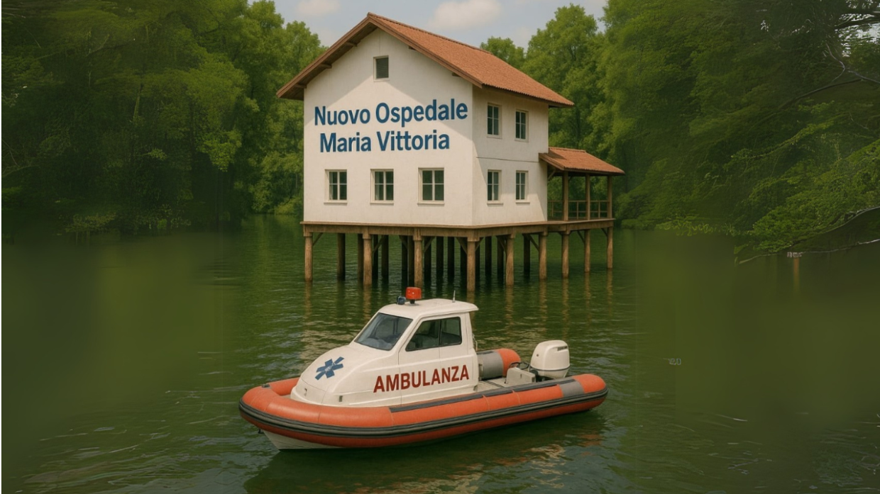 Un "rendering" satirico del nuovo ospedale realizzato dal Comitato Salviamo la Pellerina
