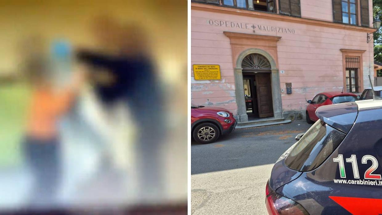 A sinistra, un "frame" delle violenze. A destra, i carabinieri alla comunità