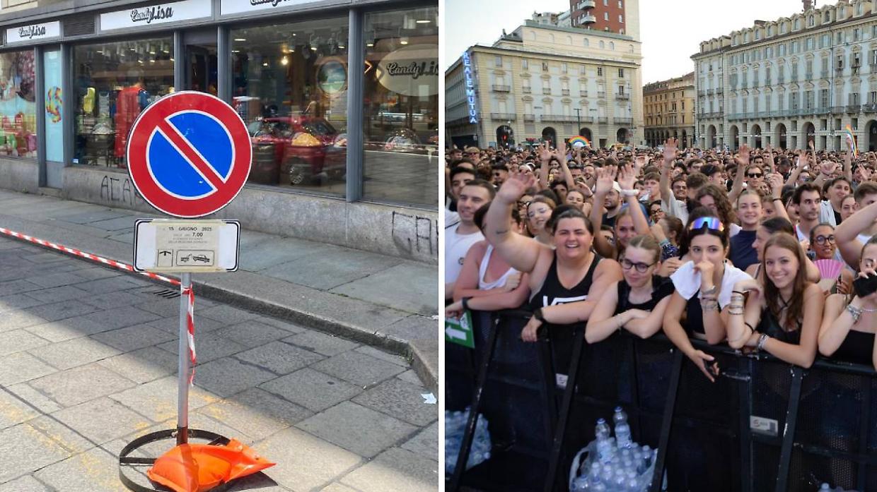 A sinistra, i cartelli della discordia. A destra, la folla al concerto