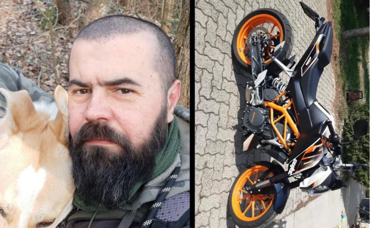 Erik Bellini e, a destra, la sua moto