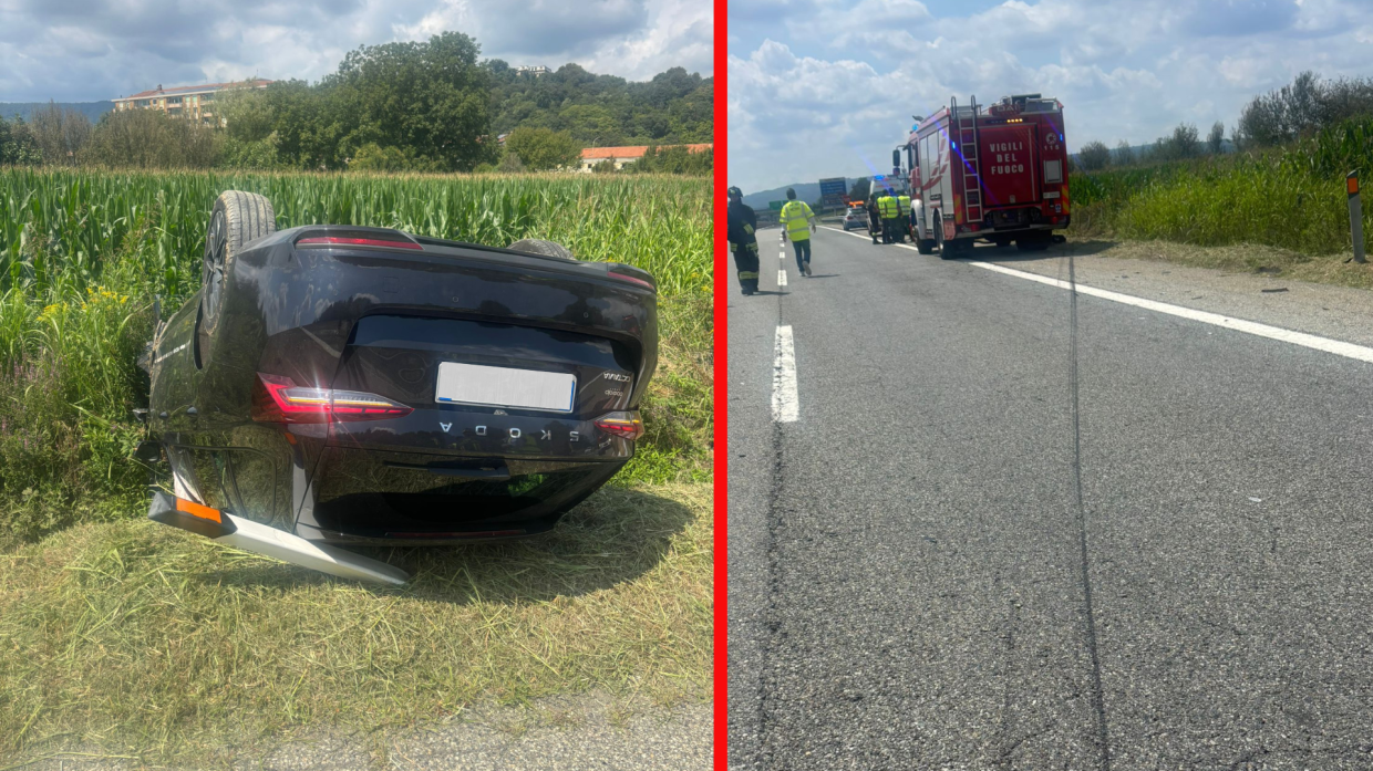 A5, auto si ribalta dopo uno scontro: 4 feriti