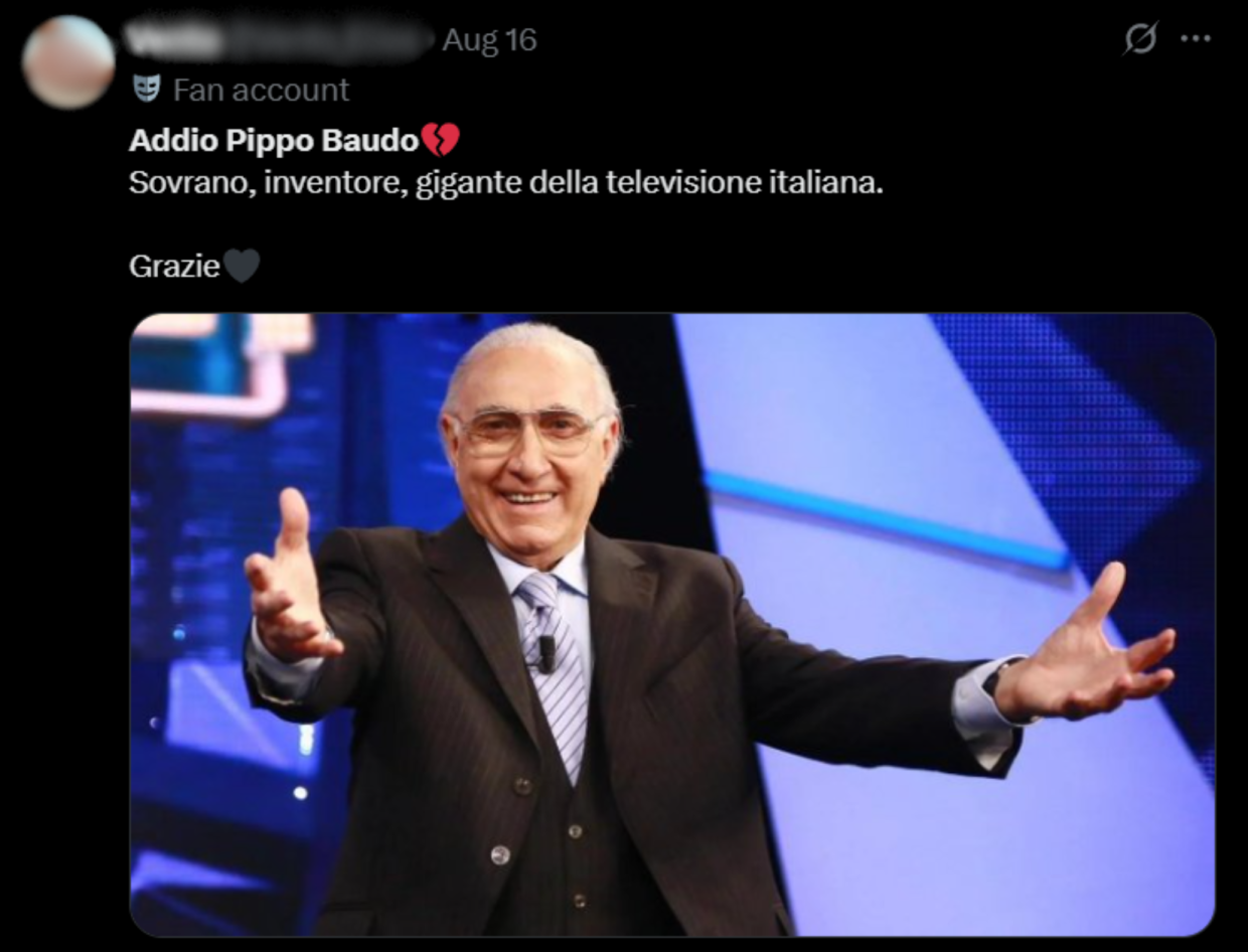 Le reazioni degli italiani alla scomparsa di Pippo Baudo: l’affetto profondo del popolo dei social