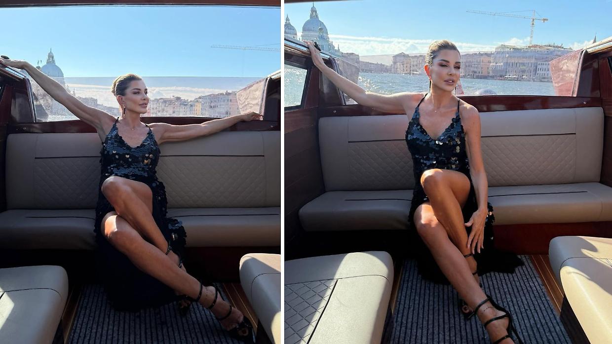 Alba Parietti al festival di Venezia: paillettes da vera diva e un look da sogno
