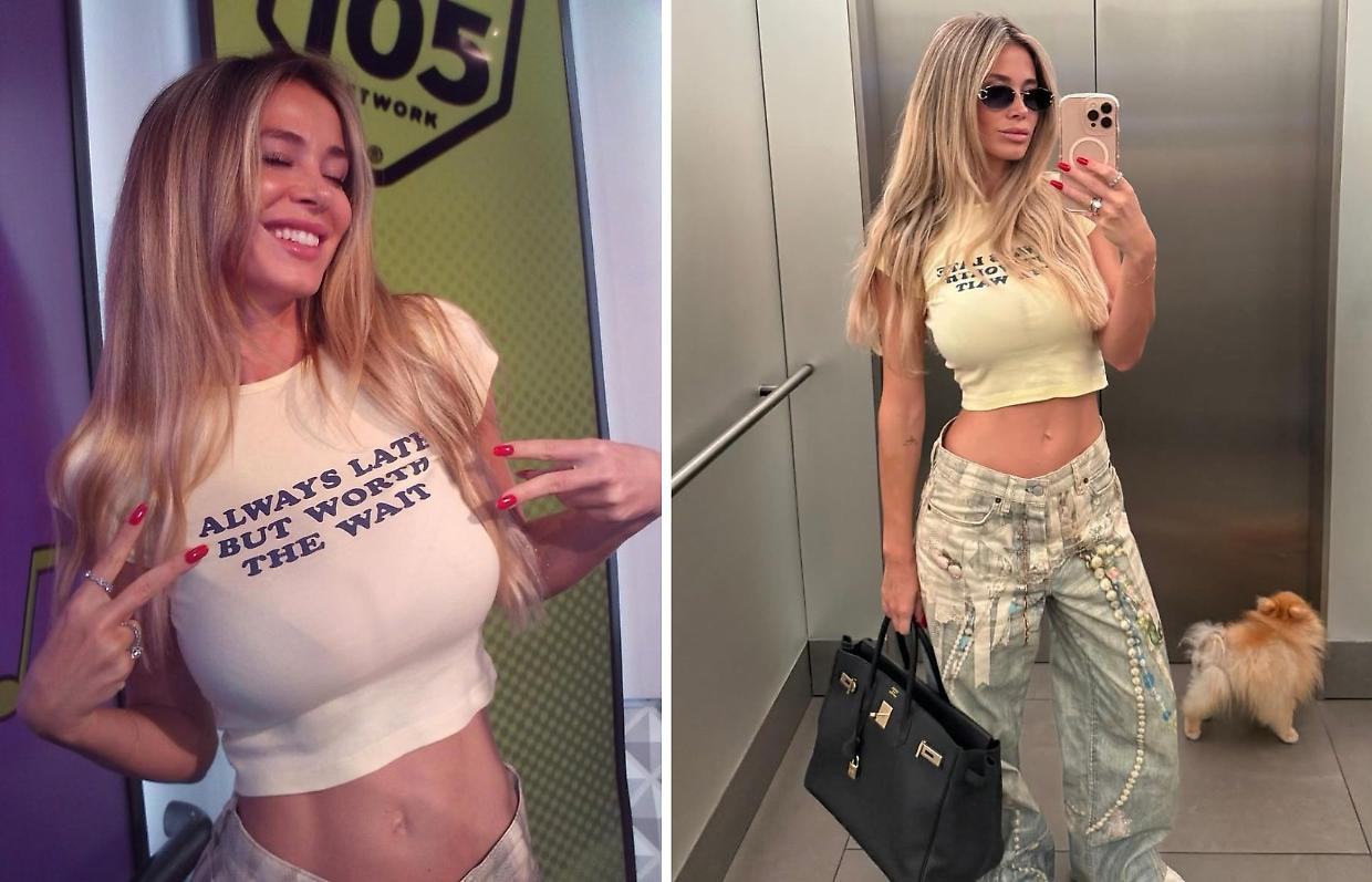 Diletta Leotta torna a Radio 105: t-shirt spiritosa, jeans griffati e la Birkin nera sempre iconica