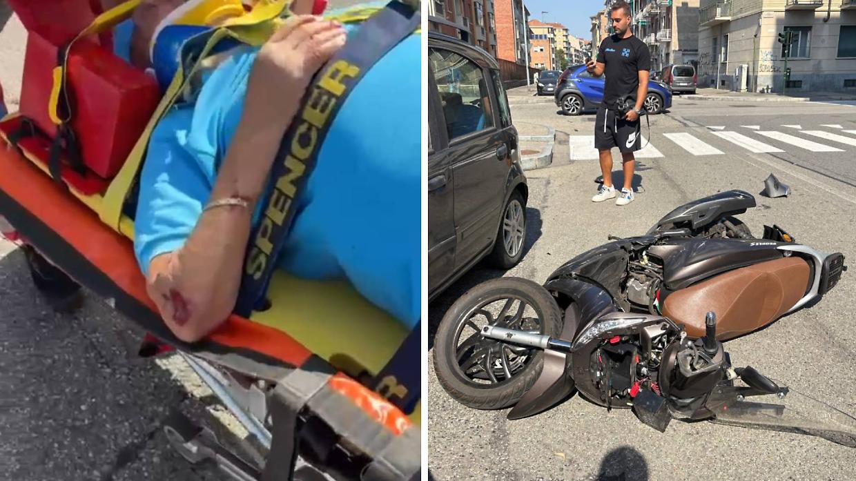 A sinistra, l'anziano soccorso. A destra, lo scooter a terra