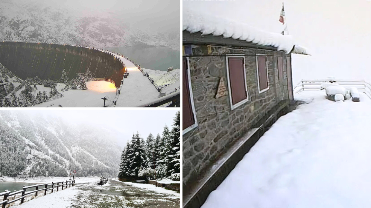 La nevicata a Ceresole (in basso a sinistra), al rifugio Daviso di Groscavallo (foto grande) e al lago Telessio di Locana (foto Andrea Vuolo - Meteo in Piemonte)