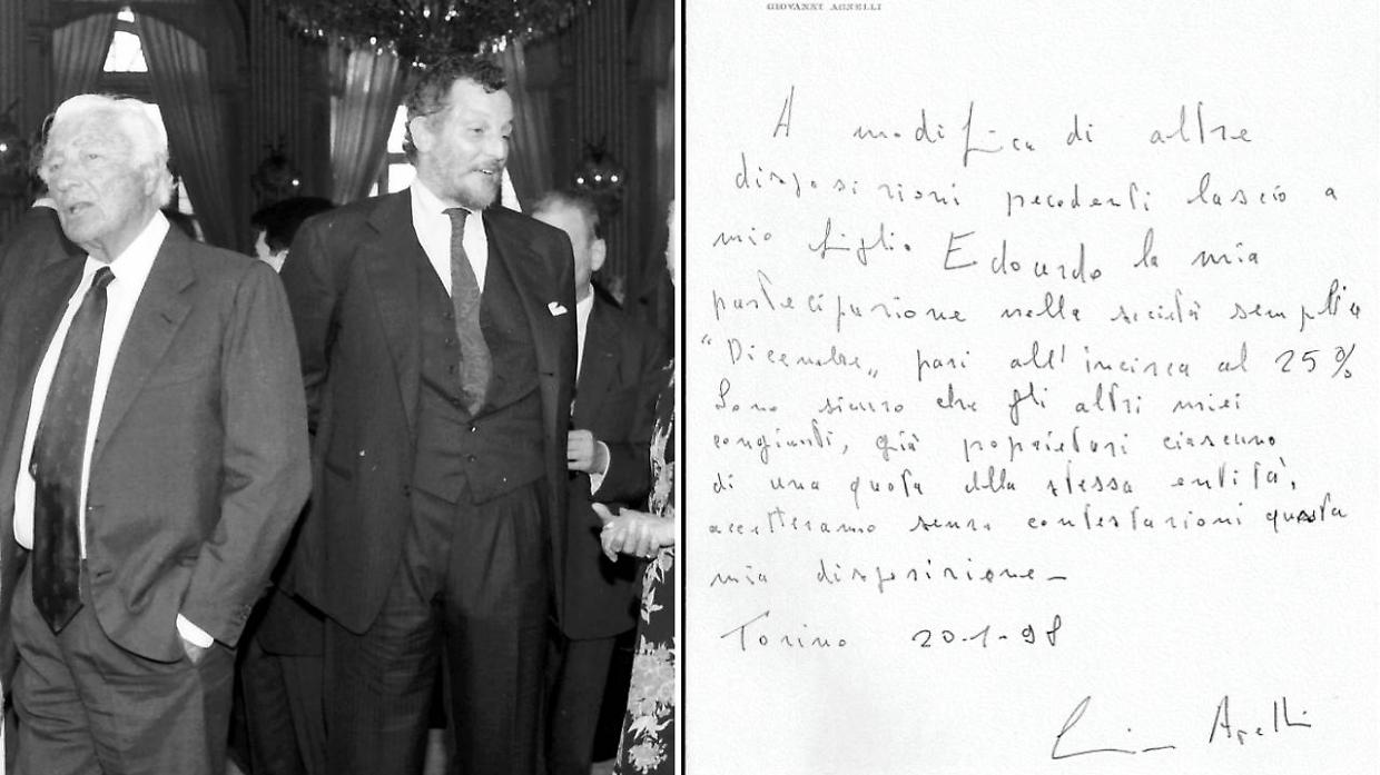 A sinistra, Gianni Agnelli con Edoardo. A destra, il testamento dell'Avvocato