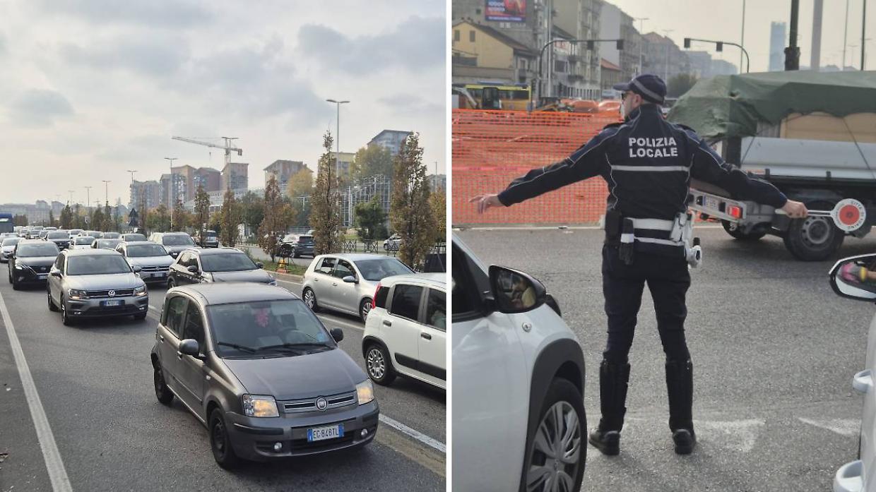 A sinistra, il traffico in piazza Baldissera. A destra, i vigili