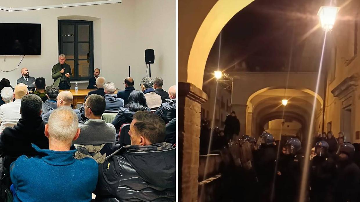 A sinistra, la presentazione del libro. A destra, No Tav e polizia